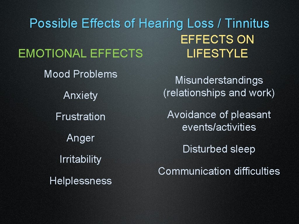 Possible Effects of Hearing Loss / Tinnitus EMOTIONAL EFFECTS Mood Problems Anxiety Frustration Anger