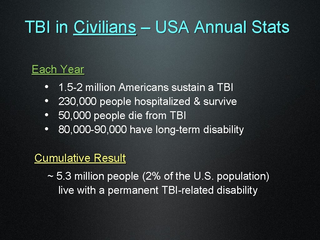 TBI in Civilians – USA Annual Stats Each Year • • 1. 5 -2