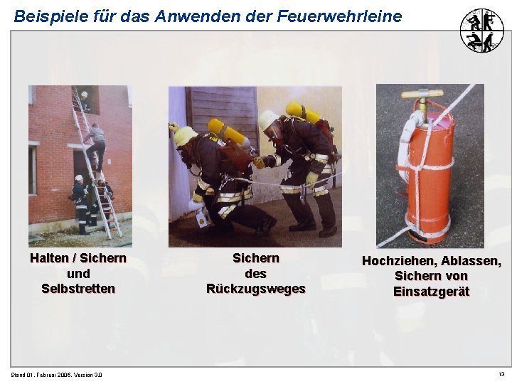 Beispiele für das Anwenden der Feuerwehrleine Halten / Sichern und Selbstretten Stand 01. Februar