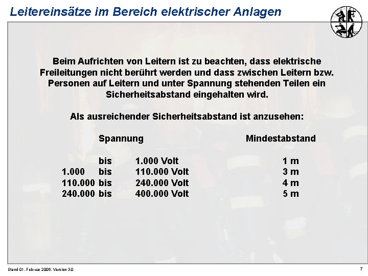 Leitereinsätze im Bereich elektrischer Anlagen Beim Aufrichten von Leitern ist zu beachten, dass elektrische