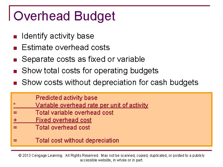 Overhead Budget n n n Identify activity base Estimate overhead costs Separate costs as
