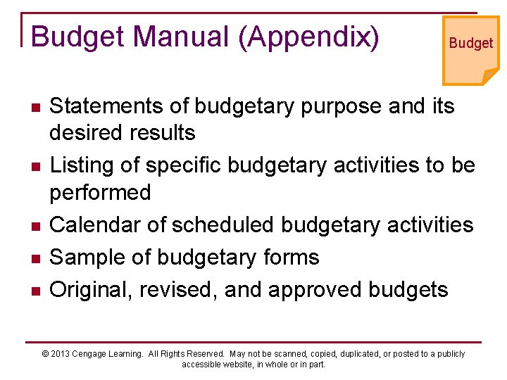 Budget Manual (Appendix) n n n Budget Statements of budgetary purpose and its desired
