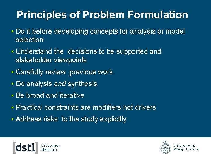 Principles of Problem Formulation • Do it before developing concepts for analysis or model