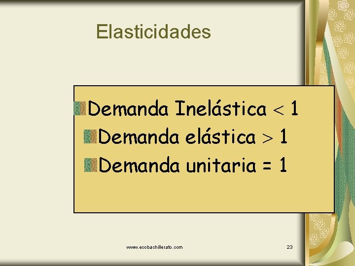 Elasticidades Demanda Inelástica 1 Demanda unitaria = 1 www. ecobachillerato. com 23 