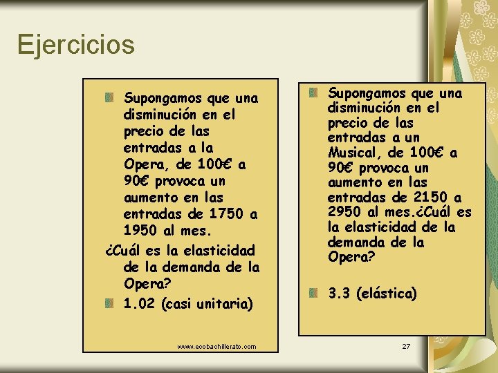 Ejercicios Supongamos que una disminución en el precio de las entradas a la Opera,