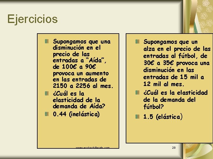 Ejercicios Supongamos que una disminución en el precio de las entradas a “Aída”, de