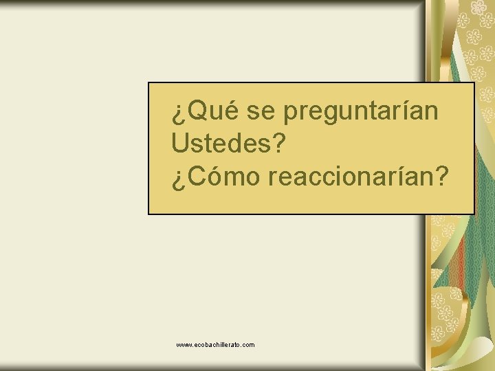 ¿Qué se preguntarían Ustedes? ¿Cómo reaccionarían? www. ecobachillerato. com 