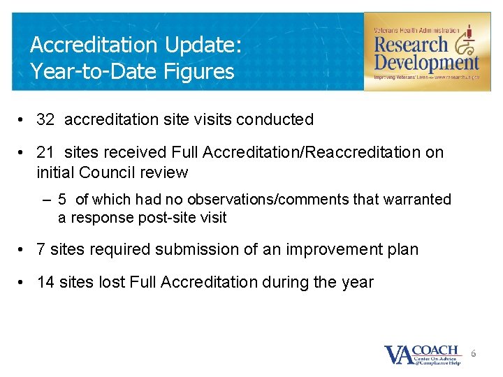 Accreditation Update: Year-to-Date Figures • 32 accreditation site visits conducted • 21 sites received