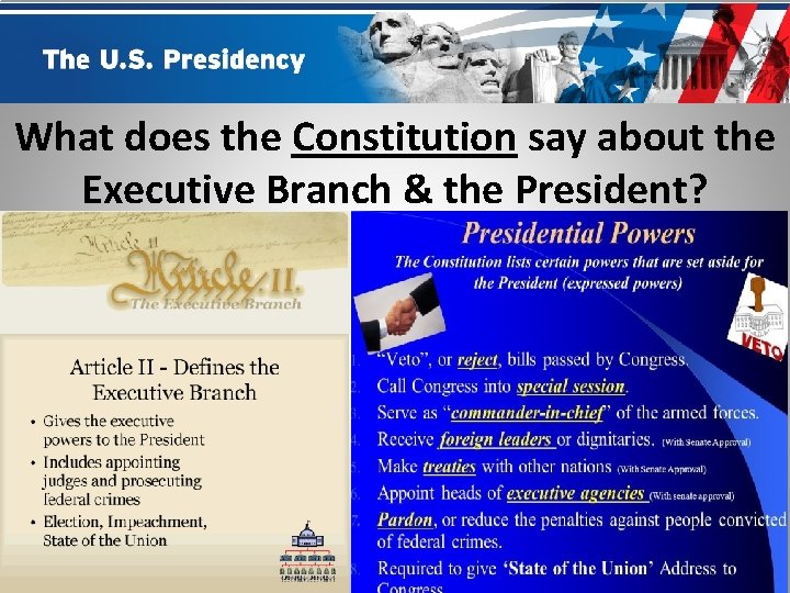 What does the Constitution say about the Executive Branch & the President? 