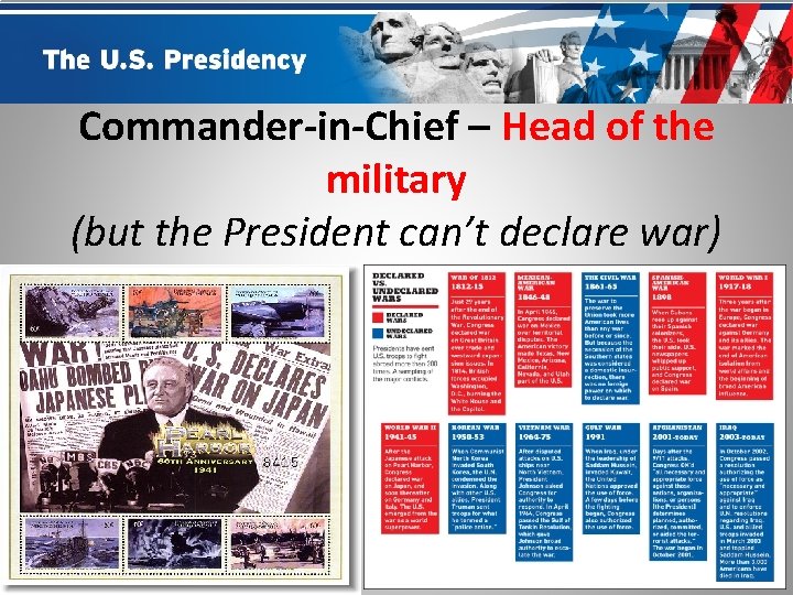 Commander-in-Chief – Head of the military (but the President can’t declare war) 