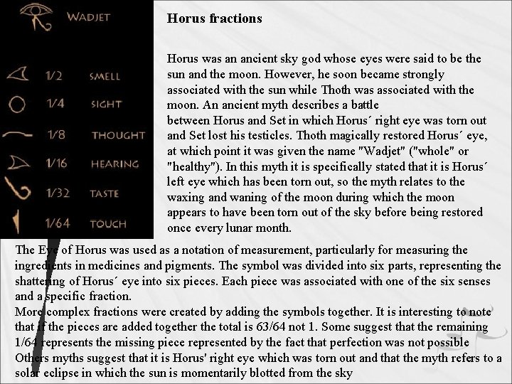 Horus fractions Horus was an ancient sky god whose eyes were said to be