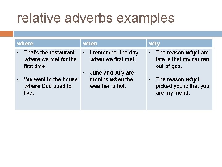 relative adverbs examples where when why • That's the restaurant where we met for