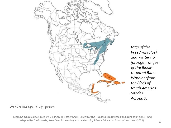 Map of the breeding (blue) and wintering (orange) ranges of the Blackthroated Blue Warbler