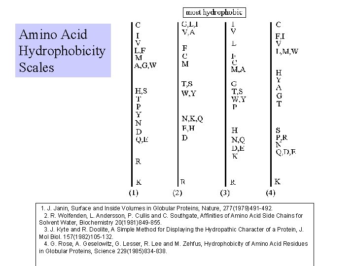 Amino Acid Hydrophobicity Scales 1. J. Janin, Surface and Inside Volumes in Globular Proteins,