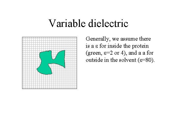 Variable dielectric Generally, we assume there is a for inside the protein (green, =2