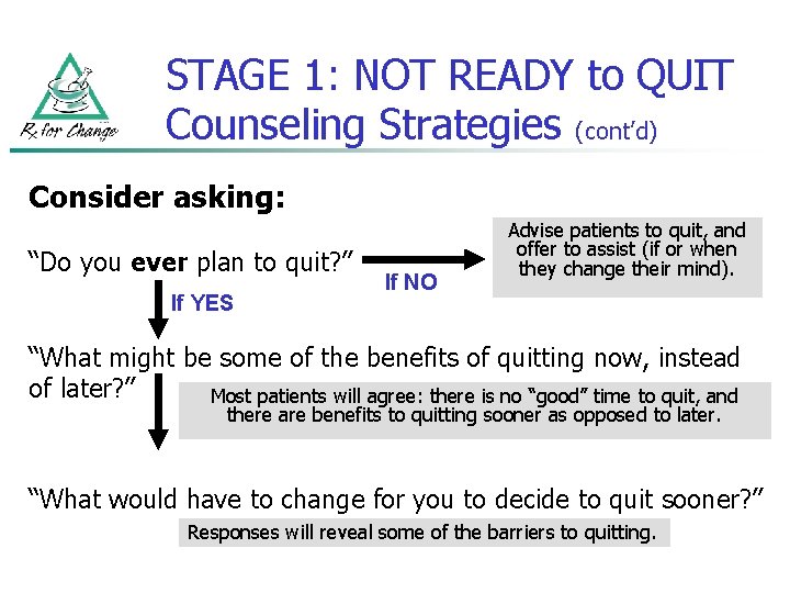 STAGE 1: NOT READY to QUIT Counseling Strategies (cont’d) Consider asking: “Do you ever