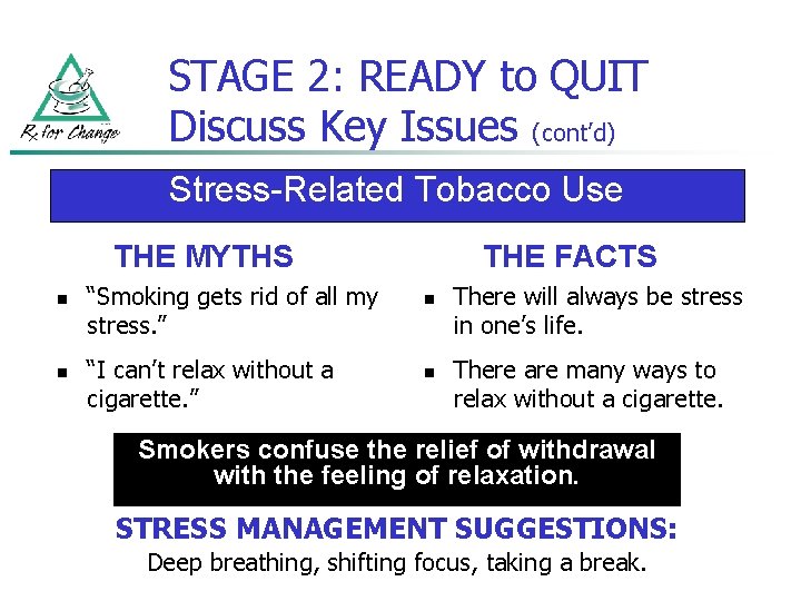 STAGE 2: READY to QUIT Discuss Key Issues (cont’d) Stress-Related Tobacco Use THE MYTHS