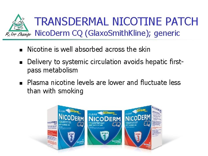 TRANSDERMAL NICOTINE PATCH Nico. Derm CQ (Glaxo. Smith. Kline); generic n n n Nicotine