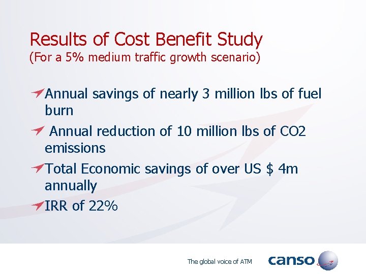 Results of Cost Benefit Study (For a 5% medium traffic growth scenario) Annual savings