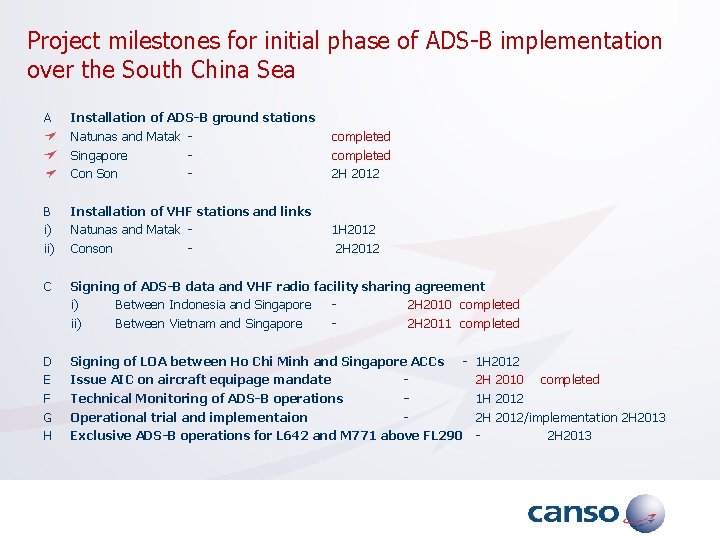 Project milestones for initial phase of ADS-B implementation over the South China Sea A