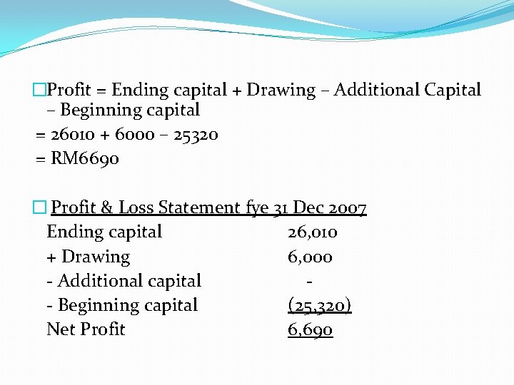 �Profit = Ending capital + Drawing – Additional Capital – Beginning capital = 26010
