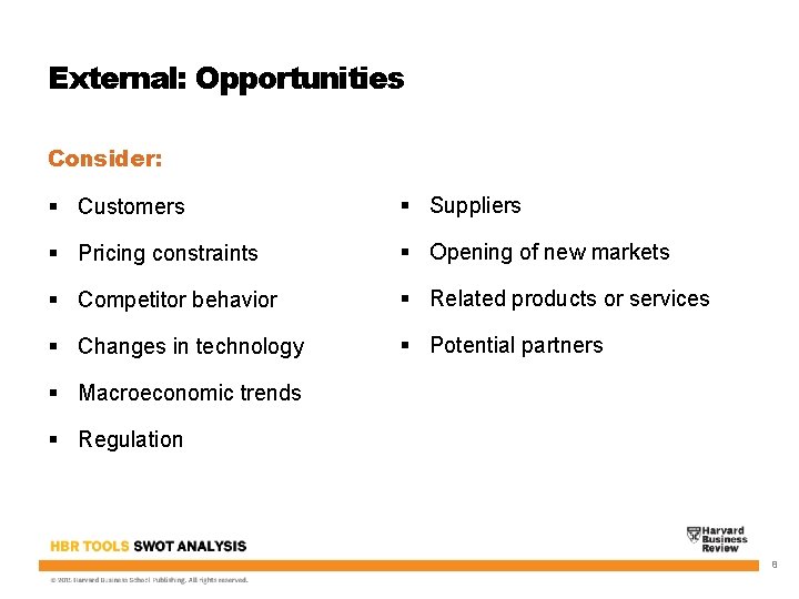 External: Opportunities Consider: § Customers § Suppliers § Pricing constraints § Opening of new
