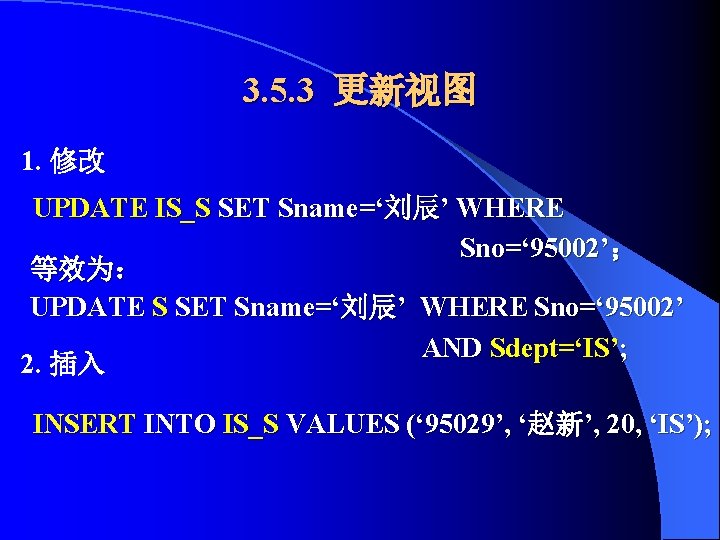 3. 5. 3 更新视图 1. 修改 UPDATE IS_S SET Sname=‘刘辰’ WHERE Sno=‘ 95002’； 等效为：