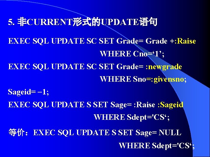 5. 非CURRENT形式的UPDATE语句 EXEC SQL UPDATE SC SET Grade= Grade +: Raise WHERE Cno=‘ 1’;