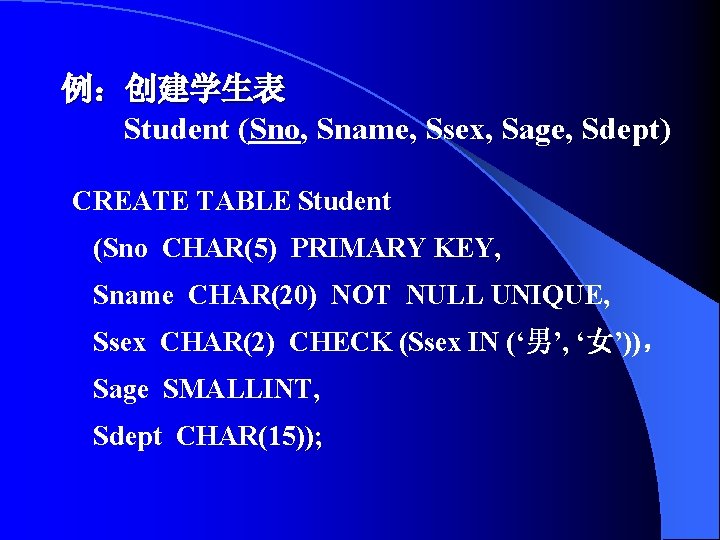 例：创建学生表 Student (Sno, Sname, Ssex, Sage, Sdept) CREATE TABLE Student (Sno CHAR(5) PRIMARY KEY,