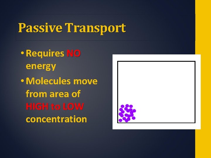 Passive Transport • Requires NO energy • Molecules move from area of HIGH to