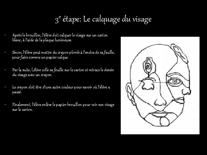 3 e étape: Le calquage du visage • Après le brouillon, l’élève doit calquer