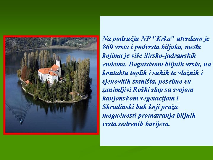  Na području NP "Krka" utvrđeno je 860 vrsta i podvrsta biljaka, među kojima