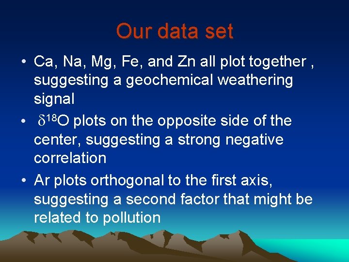 Our data set • Ca, Na, Mg, Fe, and Zn all plot together ,
