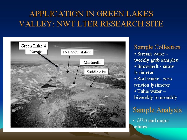 APPLICATION IN GREEN LAKES VALLEY: NWT LTER RESEARCH SITE Green Lake 4 Sample Collection