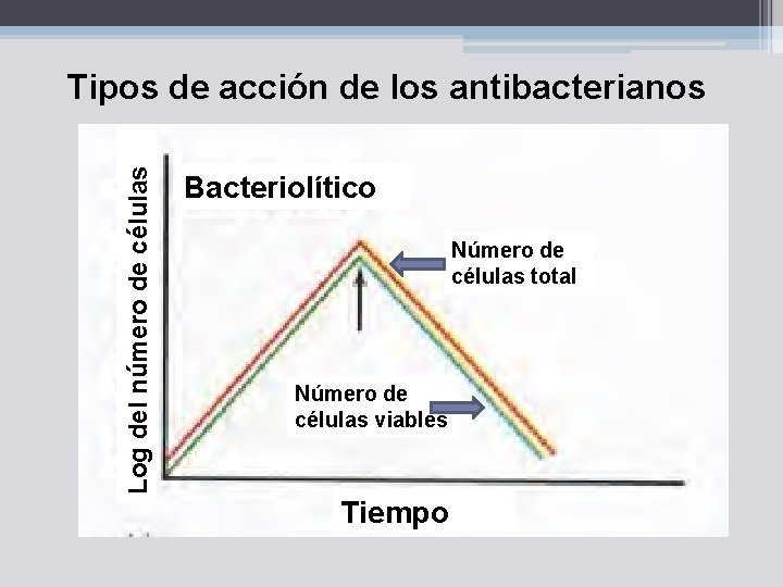 Log del número de células Tipos de acción de los antibacterianos Bacteriolítico Número de