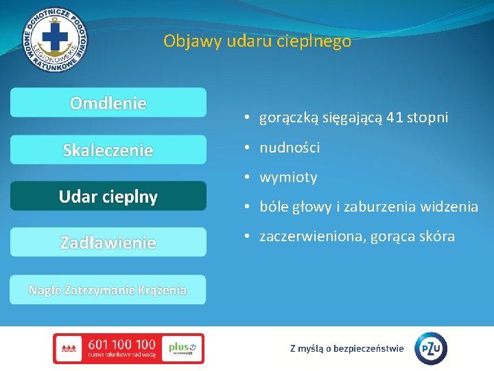 Objawy udaru cieplnego • gorączką sięgającą 41 stopni • nudności • wymioty • bóle