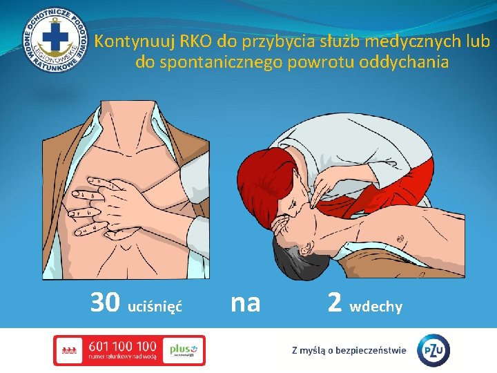 Kontynuuj RKO do przybycia służb medycznych lub do spontanicznego powrotu oddychania 30 uciśnięć na