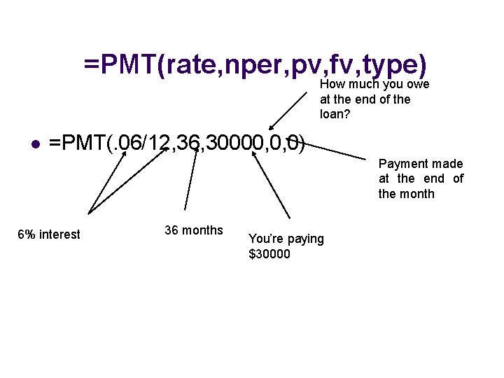 =PMT(rate, nper, pv, fv, type) How much you owe at the end of the