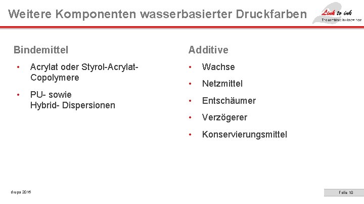 Weitere Komponenten wasserbasierter Druckfarben Bindemittel • • Acrylat oder Styrol-Acrylat. Copolymere PU- sowie Hybrid-