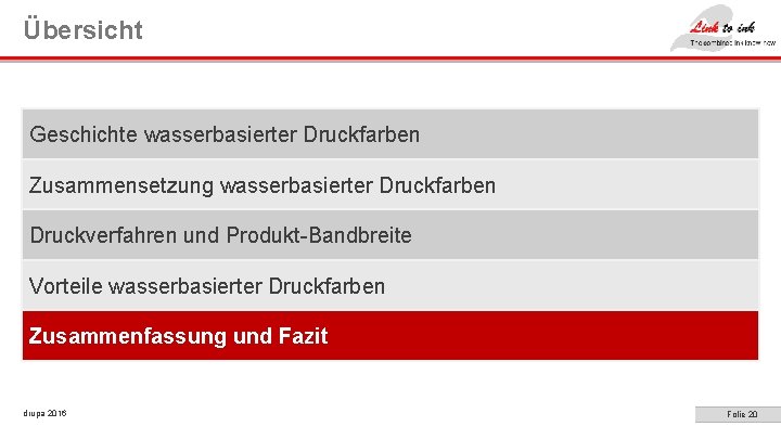 Übersicht Geschichte wasserbasierter Druckfarben Zusammensetzung wasserbasierter Druckfarben Druckverfahren und Produkt-Bandbreite Vorteile wasserbasierter Druckfarben Zusammenfassung