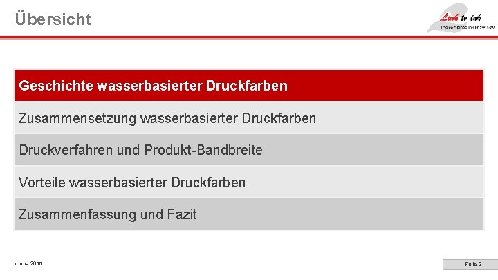 Übersicht Geschichte wasserbasierter Druckfarben Zusammensetzung wasserbasierter Druckfarben Druckverfahren und Produkt-Bandbreite Vorteile wasserbasierter Druckfarben Zusammenfassung