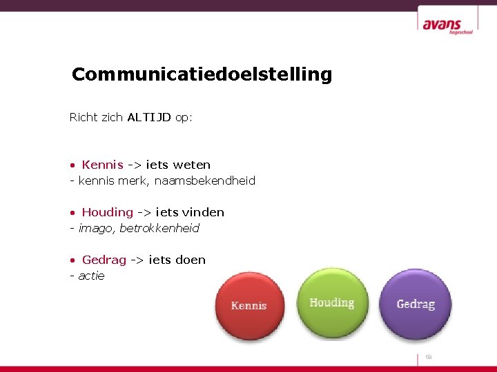 Communicatiedoelstelling Richt zich ALTIJD op: • Kennis -> iets weten - kennis merk, naamsbekendheid