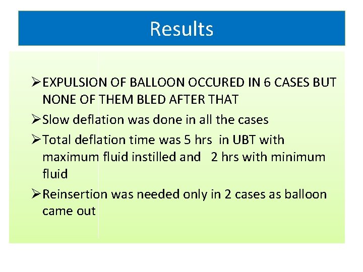 Results ØEXPULSION OF BALLOON OCCURED IN 6 CASES BUT NONE OF THEM BLED AFTER