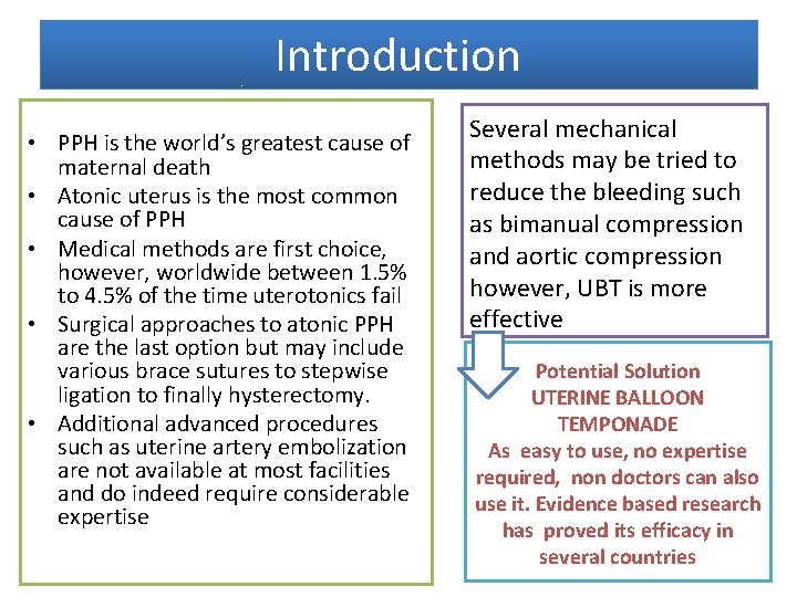 Introduction • PPH is the world’s greatest cause of maternal death • Atonic uterus