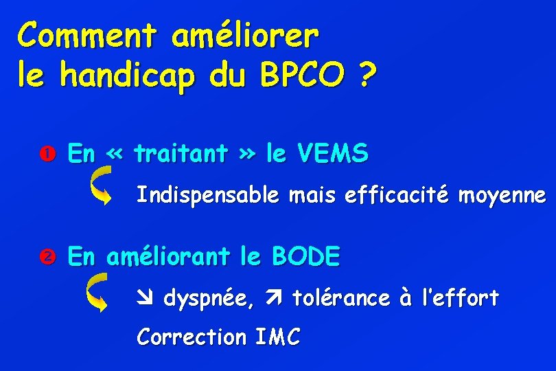 Comment améliorer le handicap du BPCO ? En « traitant » le VEMS Indispensable