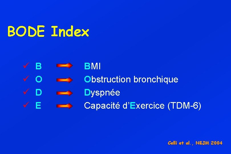 BODE Index ü ü B O D E BMI Obstruction bronchique Dyspnée Capacité d’Exercice