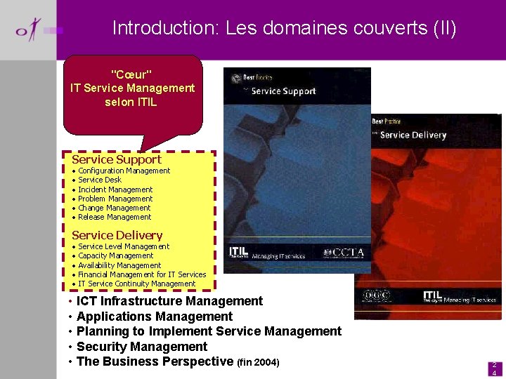 Introduction: Les domaines couverts (II) "Cœur" IT Service Management selon ITIL Service Support •