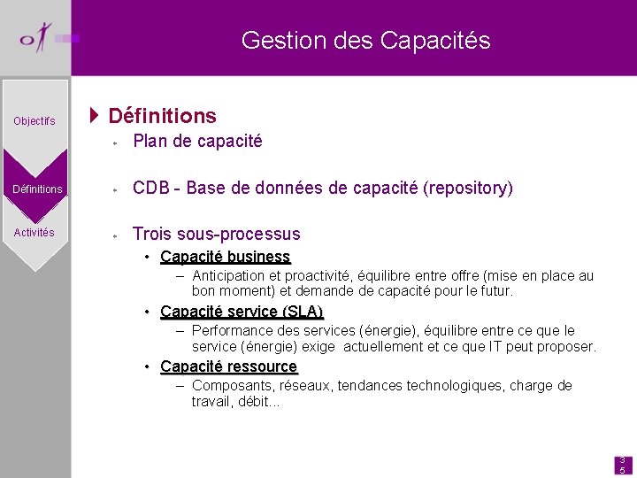 Gestion des Capacités Objectifs 4 Définitions w Plan de capacité Définitions w CDB -