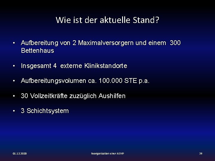 Wie ist der aktuelle Stand? • Aufbereitung von 2 Maximalversorgern und einem 300 Bettenhaus