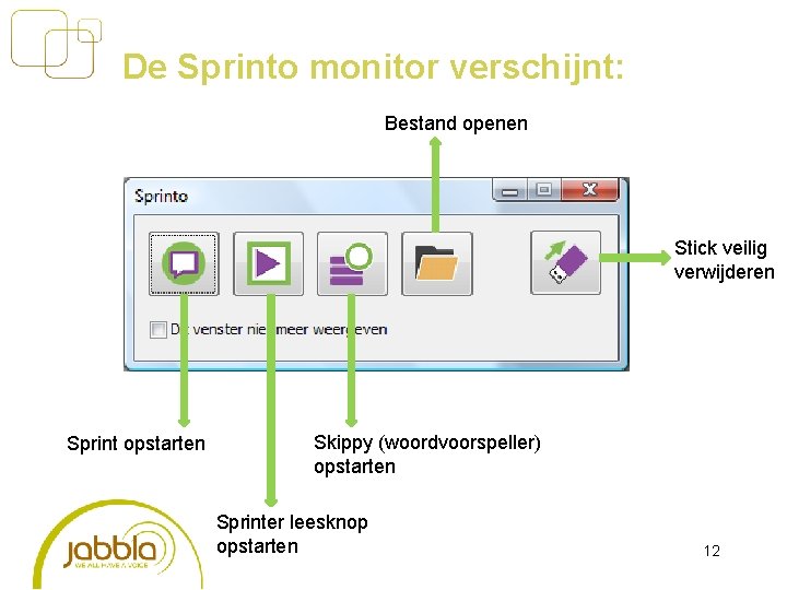 De Sprinto monitor verschijnt: Bestand openen Stick veilig verwijderen Sprint opstarten Skippy (woordvoorspeller) opstarten